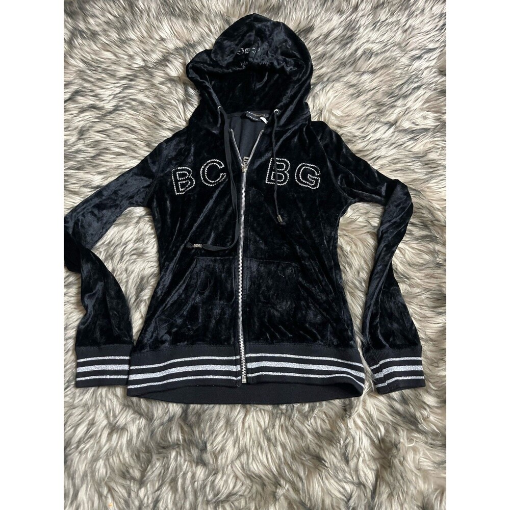 Y2K BCBG Max Azria Black Velour Rhinestone Track Zip Jacket Women Sz S